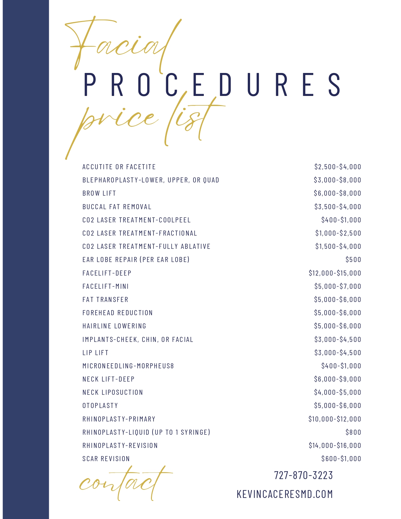 Facial Procedures Price List page
