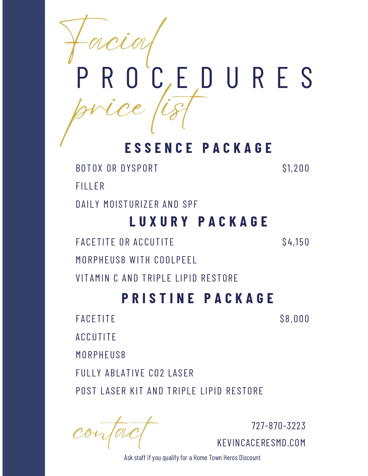 Facial package price list page